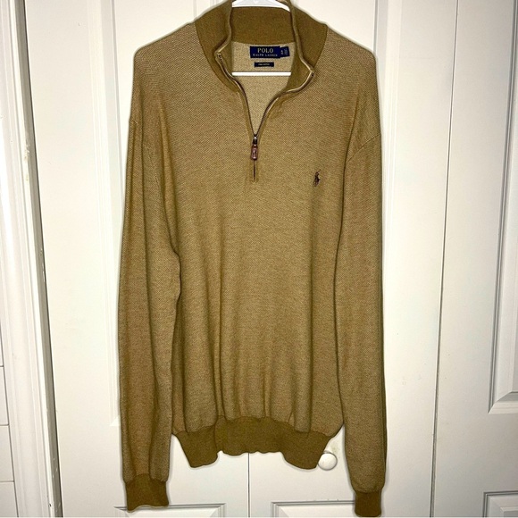 Polo Ralph Lauren Pima Cotton XL Quarter Zip Waffle Knit Sweater Beige Tan Brown - Picture 1 of 9